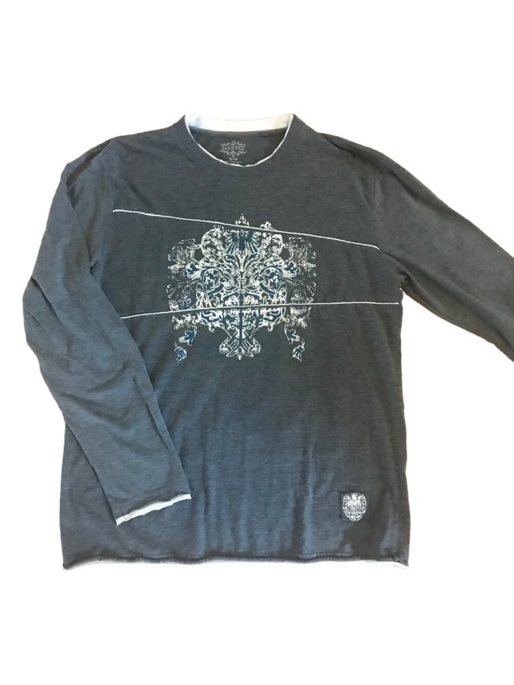 Moto Graphic Shirt Mens XL Grey Long Sleeve Crew Neck White Trim